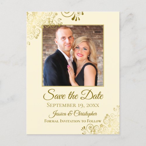 Gold Frills on Cream Wedding Save the Date Photo Announcement Postcard