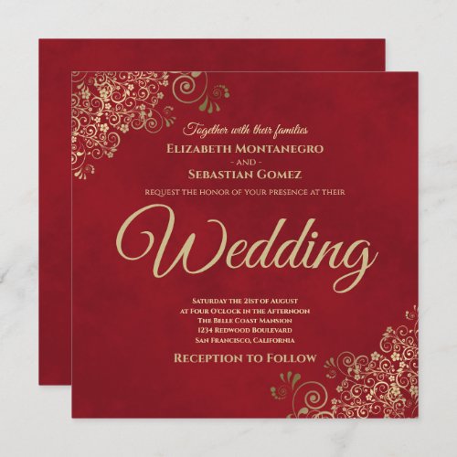 Gold Frills on Crimson Red Elegant Square Wedding Invitation