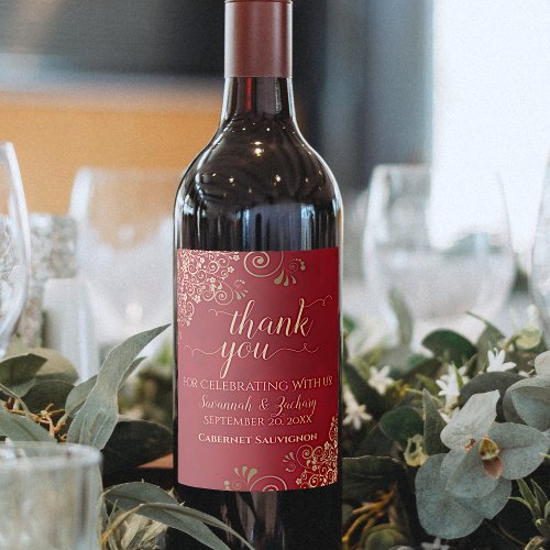 Gold Frills on Crimson Red Wedding Thank You Wine Label