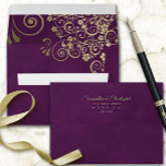 Gold Frills on Deep Plum Purple Elegant Wedding Envelope<br><div class="desc">This beautiful wedding envelope is features a plum purple background with gold floral curls and swirls on the inside flap. There is a printed return address on the back flap in fancy script lettering. The design is understated and simple, yet classic, chic and ornate. Perfect way to make your wedding...</div>
