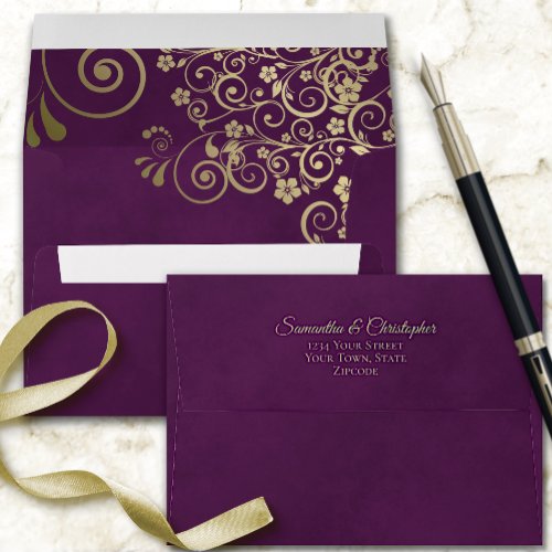 Gold Frills on Deep Plum Purple Elegant Wedding Envelope