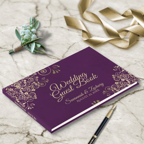 Gold Frills on Deep Plum Purple Elegant Wedding Guest Book
