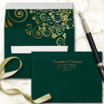 Gold Frills on Emerald Green Elegant Wedding Envelope<br><div class="desc">This beautiful wedding envelope is features an emerald green colored background with gold floral curls and swirls on the inside flap. There is a printed return address on the back flap in fancy script lettering. The design is understated and simple, yet classic, chic and ornate. Perfect way to make your...</div>