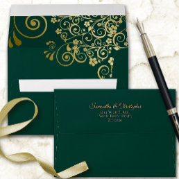 Gold Frills on Emerald Green Elegant Wedding Envelope