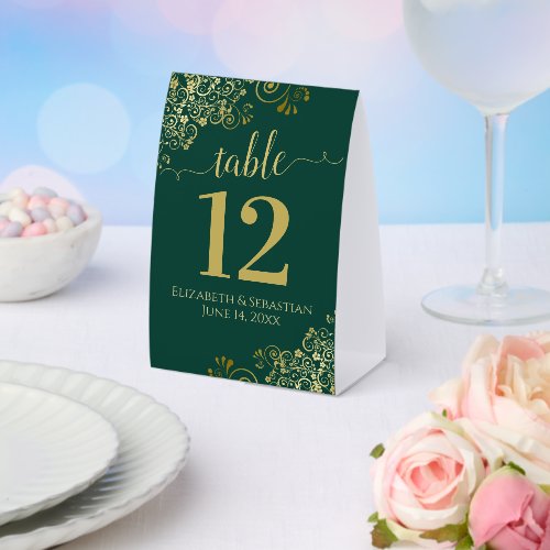 Gold Frills on Emerald Green Wedding Table Number Paper Table Tent
