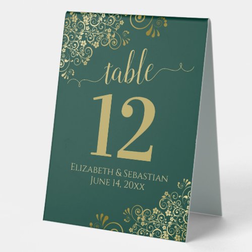 Gold Frills on Emerald Green Wedding Table Number Table Tent Sign