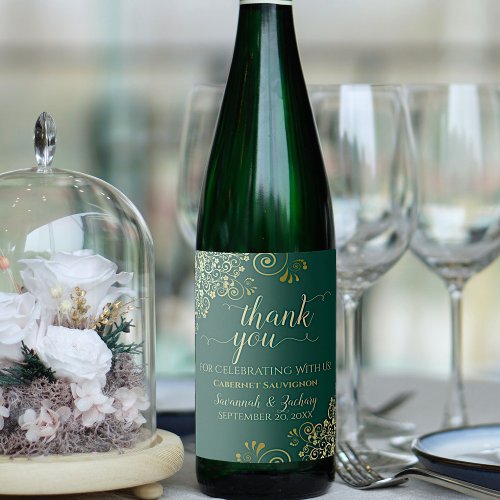 Gold Frills on Emerald Green Wedding Thank You Wine Label