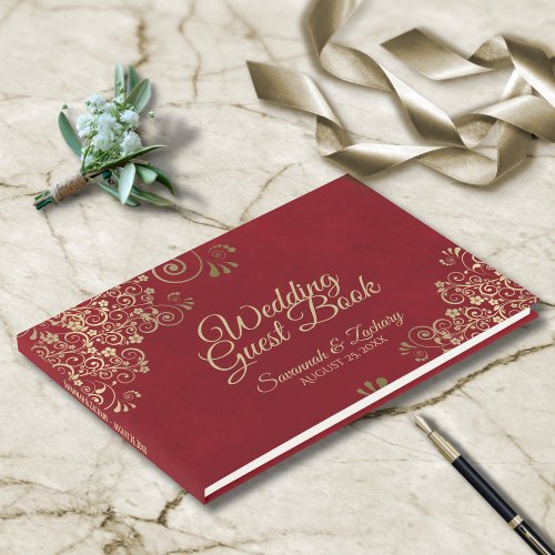 Gold Frills on Lush Marbled Red Elegant Wedding Guest Book
