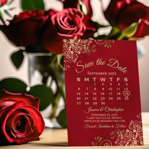 Gold Frills on Lush Red Elegant Wedding Calendar Save The Date
