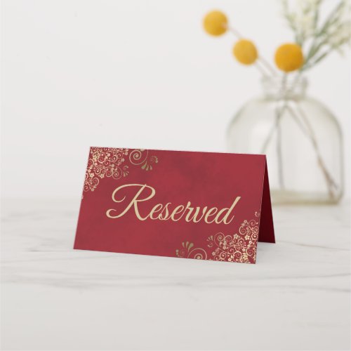 Gold Frills on Lush Red Elegant Wedding Reserved Place Card