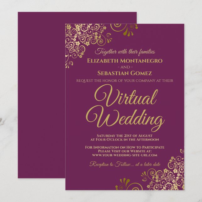 Gold Frills on Magenta Elegant Virtual Wedding Invitation (Front/Back)
