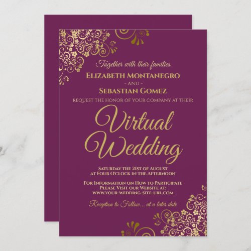 Gold Frills on Magenta Elegant Virtual Wedding Invitation