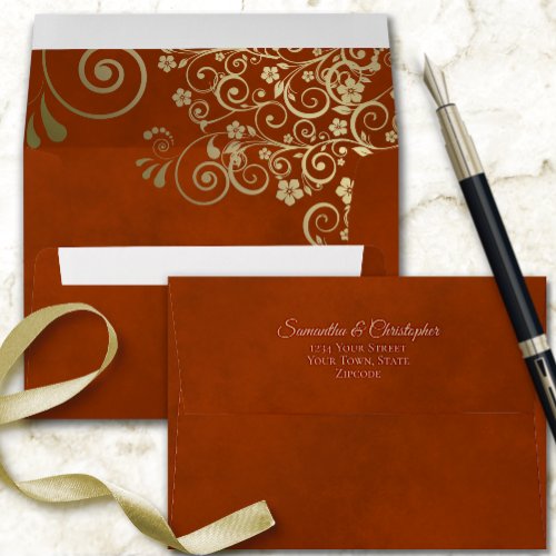 Gold Frills on Marbled Rust Orange Elegant Wedding Envelope