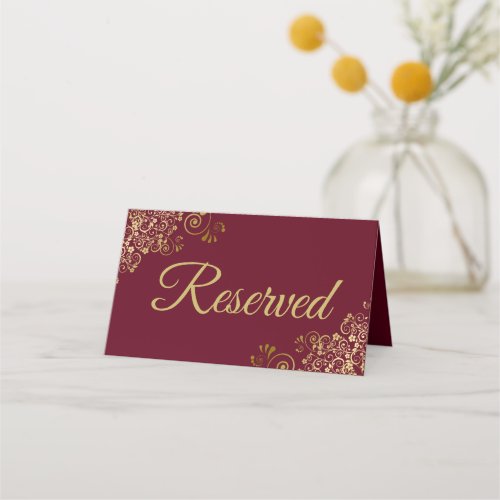 Gold Frills on Maroon Burgundy Wedding Reserved Place Card