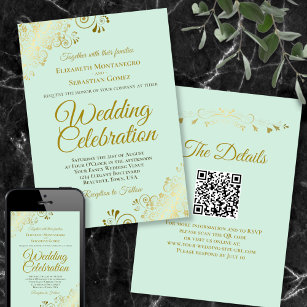 Gold Frills on Mint Green Elegant QR Code Wedding Invitation
