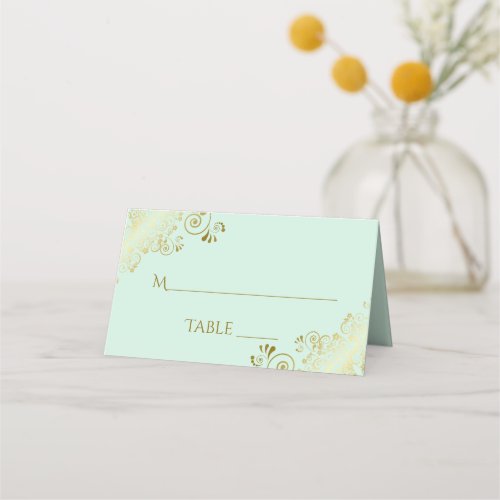 Gold Frills on Mint Green Elegant Wedding Write_In Place Card