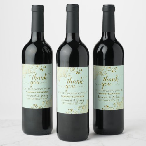 Gold Frills on Mint Green Wedding Thank You Chic Wine Label