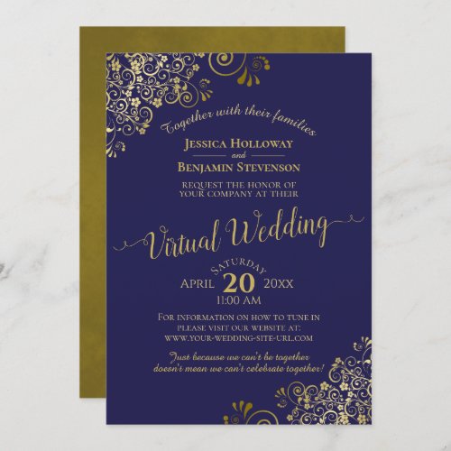 Gold Frills on Navy Blue Elegant Virtual Wedding Invitation