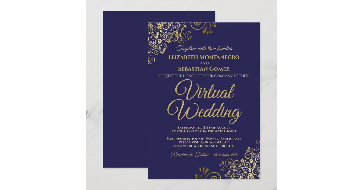 Gold Frills on Navy Blue Elegant Virtual Wedding Invitation | Zazzle