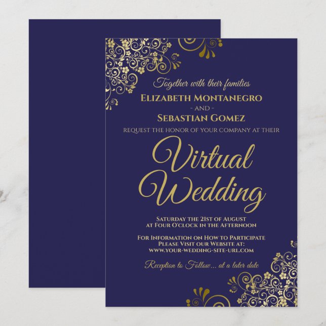 Gold Frills on Navy Blue Elegant Virtual Wedding Invitation (Front/Back)