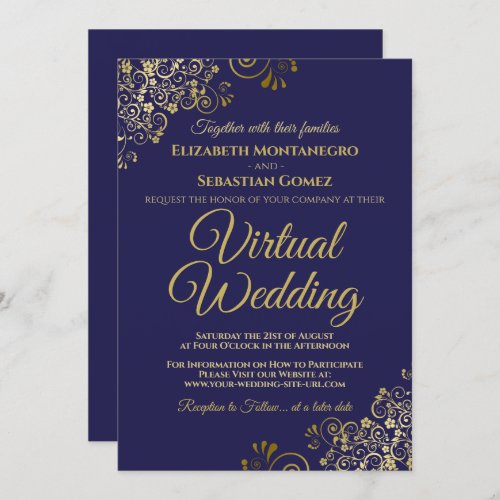 Gold Frills on Navy Blue Elegant Virtual Wedding Invitation