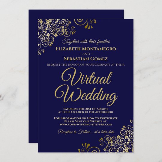 Gold Frills on Navy Blue Elegant Virtual Wedding Invitation | Zazzle.com