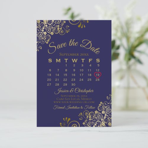 Gold Frills on Navy Blue Elegant Wedding Calendar Save The Date
