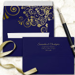 Gold Frills on Navy Blue Elegant Wedding Envelope<br><div class="desc">This beautiful wedding envelope is features a navy blue colored background with gold floral curls and swirls on the inside flap. There is a printed return address on the back flap in fancy script lettering. The design is understated and simple, yet classic, chic and ornate. Perfect way to make your...</div>