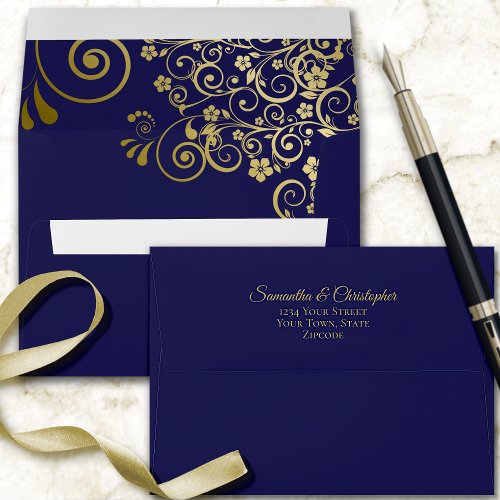Gold Frills on Navy Blue Elegant Wedding Envelope