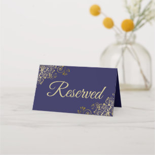 Gold Frills on Navy Blue Elegant Wedding Reserved Place Card