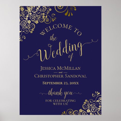 Gold Frills on Navy Blue Elegant Wedding Welcome Poster