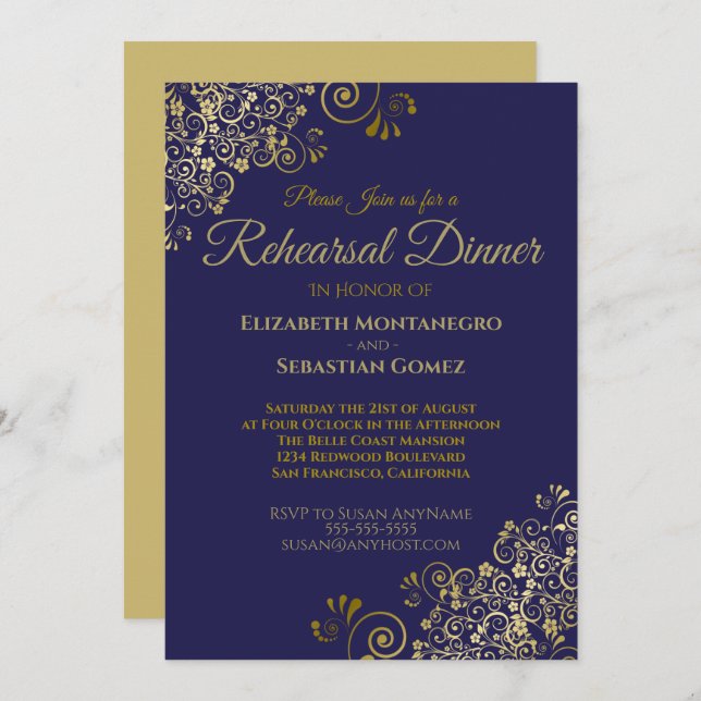 Gold Frills on Navy Wedding Rehearsal Dinner Invitation (Front/Back)