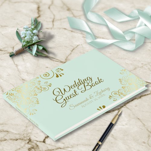 Gold Frills on Neo Mint Green Elegant Wedding Guest Book