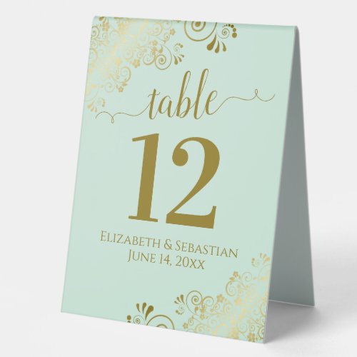 Gold Frills on Neo Mint Green Wedding Table Number Table Tent Sign