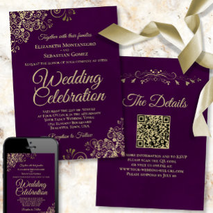 Gold Frills on Plum Purple Elegant QR Code Wedding Invitation