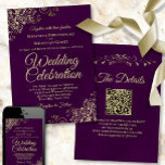 Gold Frills on Plum Purple Elegant QR Code Wedding Invitation<br><div class="desc">This beautiful wedding invitation is stylish, simple and elegant. It features gold script lettering on a deep plum purple or eggplant colored background with floral faux foil filigree in each corner. The understated design is offset by the ornate frills and swirls of the artwork. The back has a customizable QR...</div>