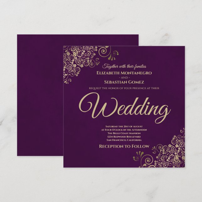 Gold Frills on Plum Purple Elegant Square Wedding Invitation (Front/Back)