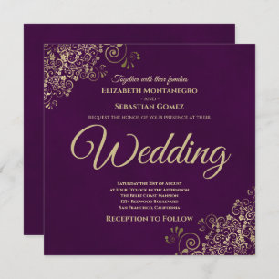 Gold Frills on Plum Purple Elegant Square Wedding Invitation