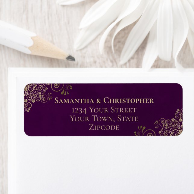 Gold Frills on Plum Purple Wedding Return Address Label (Insitu)