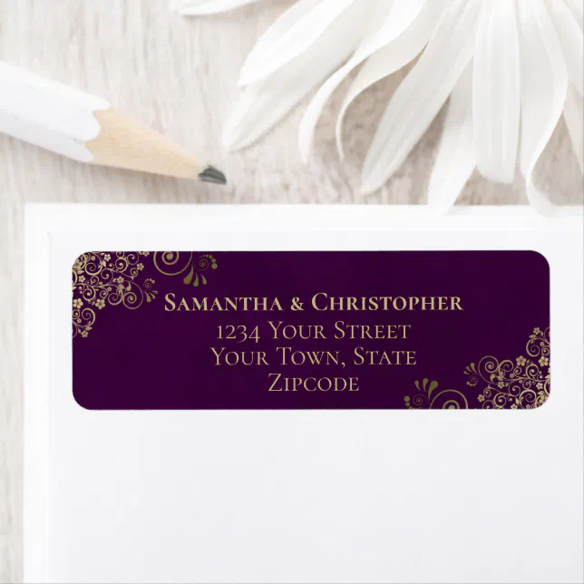 Gold Frills on Plum Purple Wedding Return Address Label | Zazzle