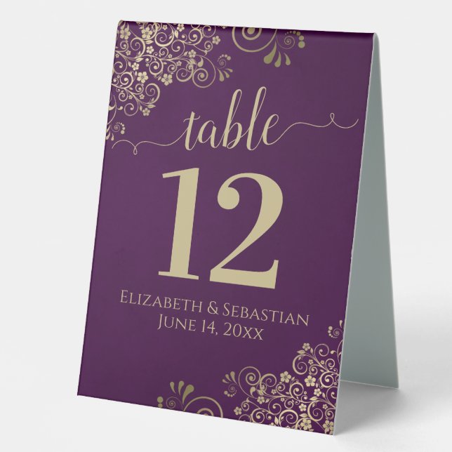 Gold Frills on Plum Purple Wedding Table Number Table Tent (Front)