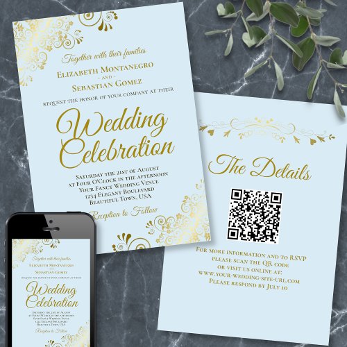 Gold Frills on Powder Blue Elegant QR Code Wedding Invitation