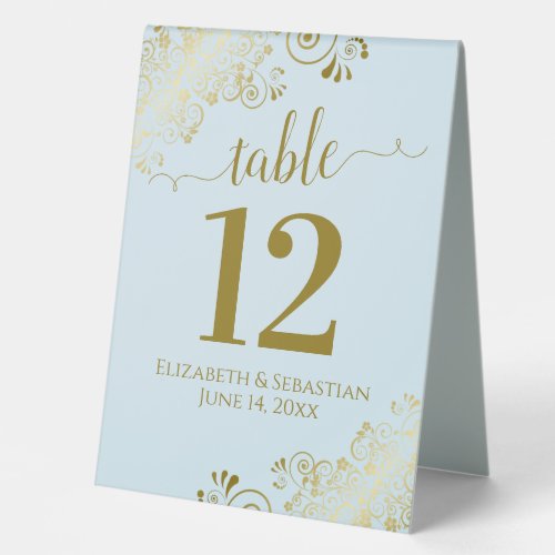 Gold Frills on Powder Blue Wedding Table Number Table Tent Sign
