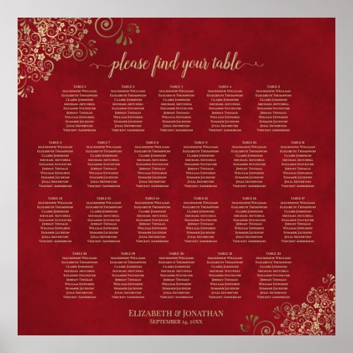 Gold Frills on Red 22 Table Wedding Seating Chart
