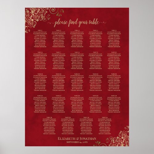 Gold Frills on Red 24 Table Wedding Seating Chart
