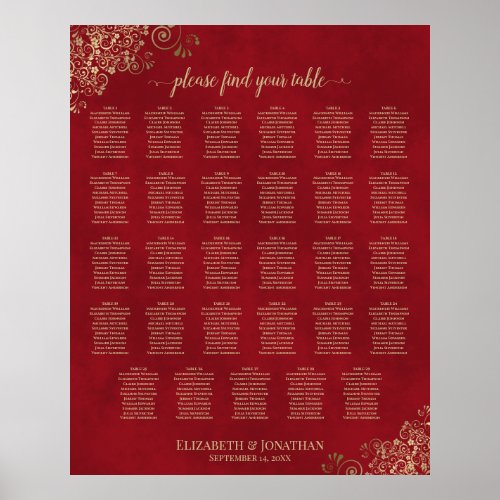 Gold Frills on Red 29 Table Wedding Seating Chart