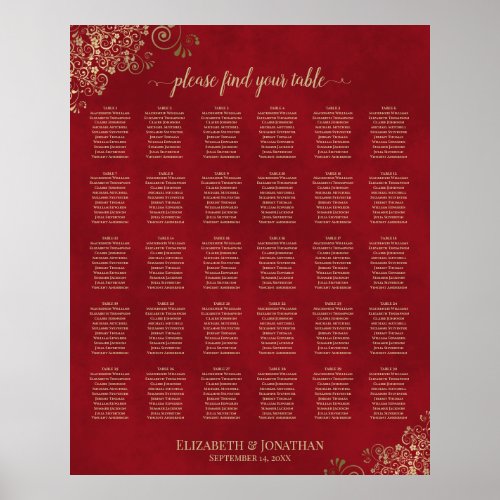 Gold Frills on Red 30 Table Wedding Seating Chart