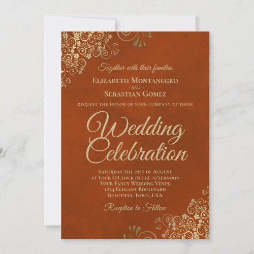 Gold Frills on Rust Orange Elegant QR Code Wedding Invitation