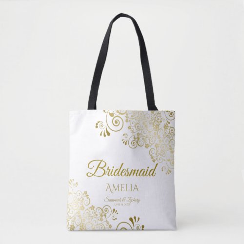 Gold Frills on White Elegant Bridesmaid Wedding Tote Bag