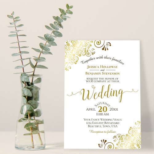 Gold Frills on White Elegant Calligraphy Wedding Invitation